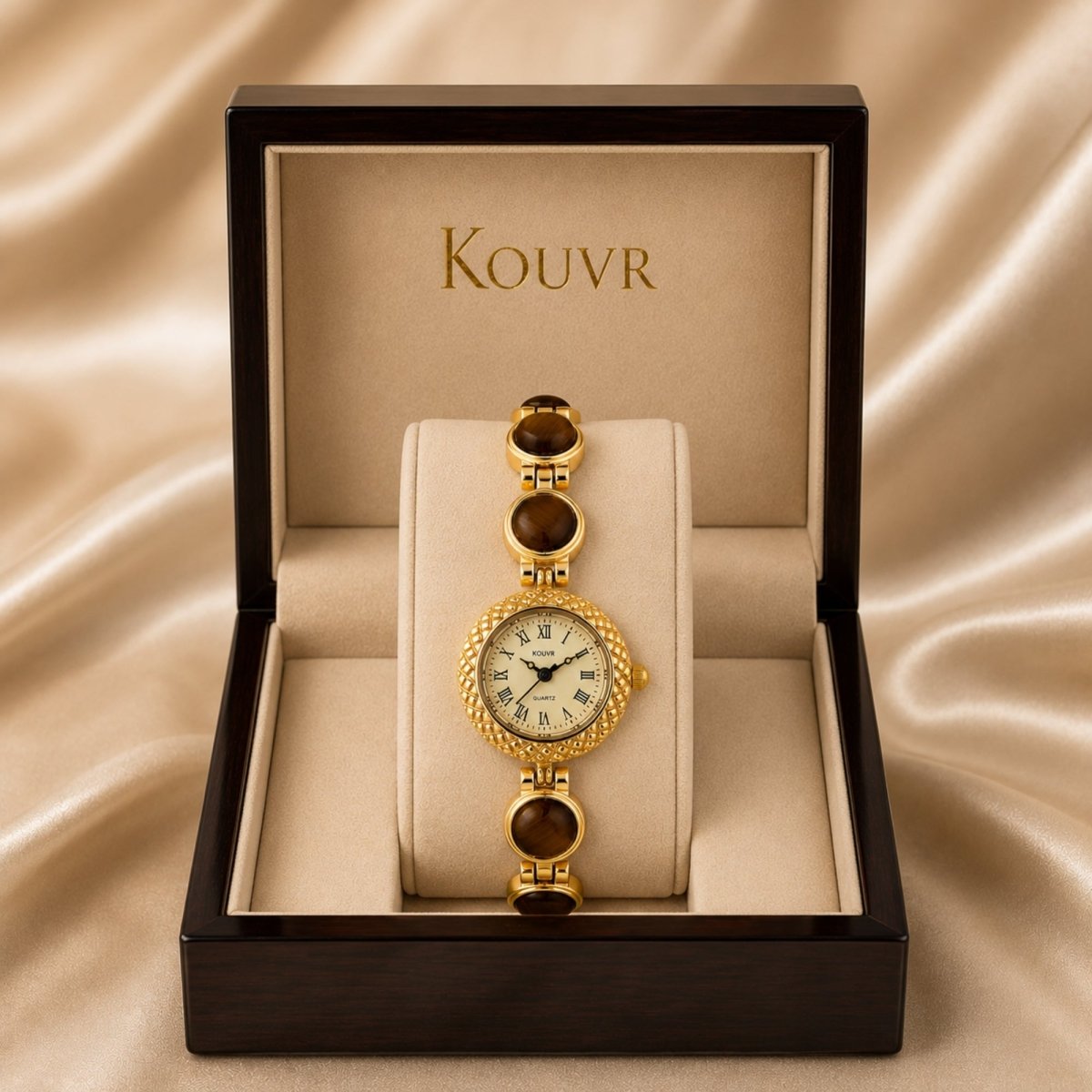 Kouvr vintage gold women's watch featuring brown tiger's eye stones beautifully displayed inside a luxury dark wood presentation box with beige velvet lining.