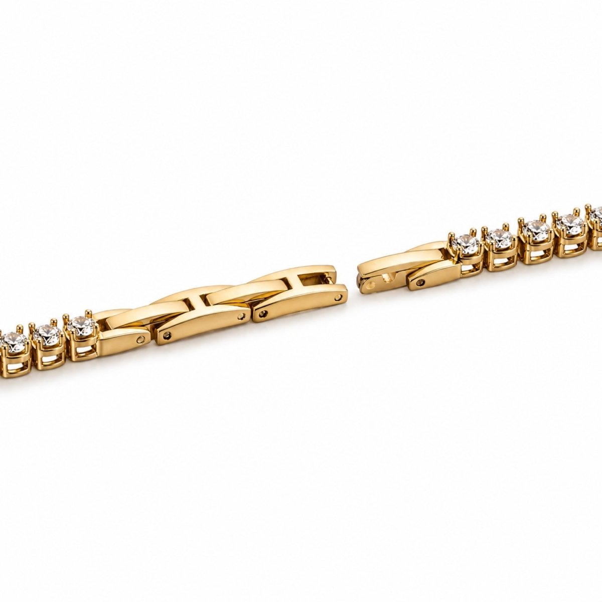Close up of the adjustable jewelry-style clasp with crystal accents on the Kouvr women's gold bracelet watch