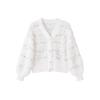 Flat lay of the Kouvr white V-neck cardigan showing the fuzzy texture, multi-color flecks, and pearl button details.