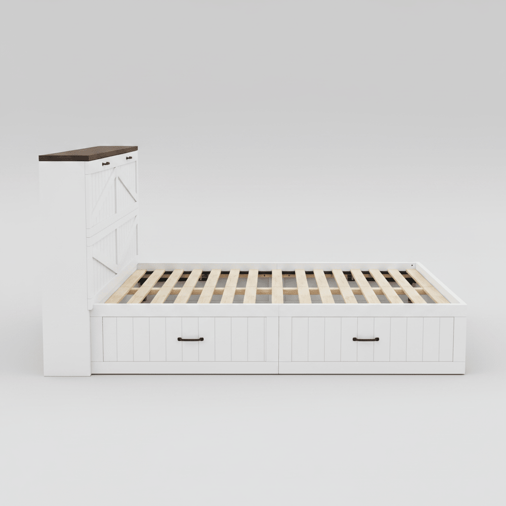 Side View - White queen size folding cabinet bed fully opened with warm bedding in a modern sunlit bedroom setting by Kouvr