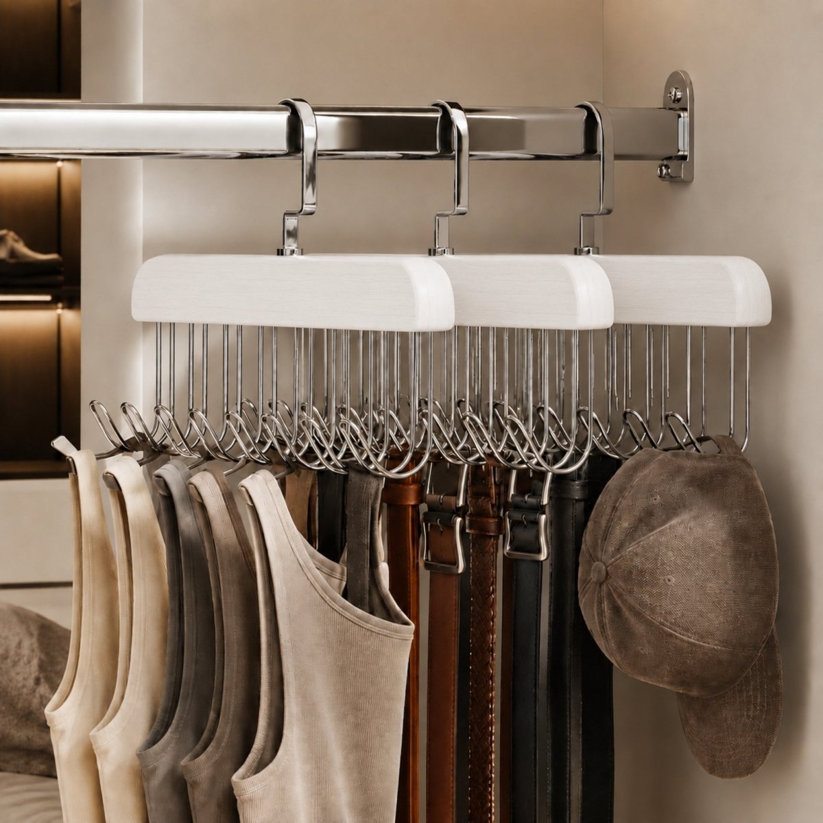 Kouvr minimalist white wooden multi-hook tank top holder and closet organizer rack displaying strappy shirts and accessories in a luxury wardrobe.