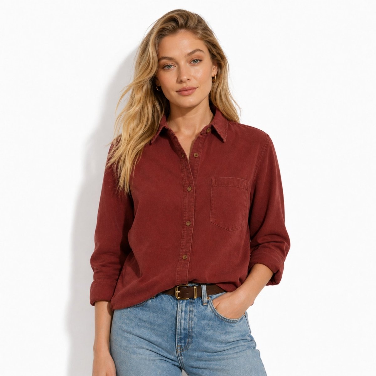 Front view of the Kouvr brick red long sleeve shacket tucked into belted denim jeans, showing the classic collar and tortoiseshell buttons.