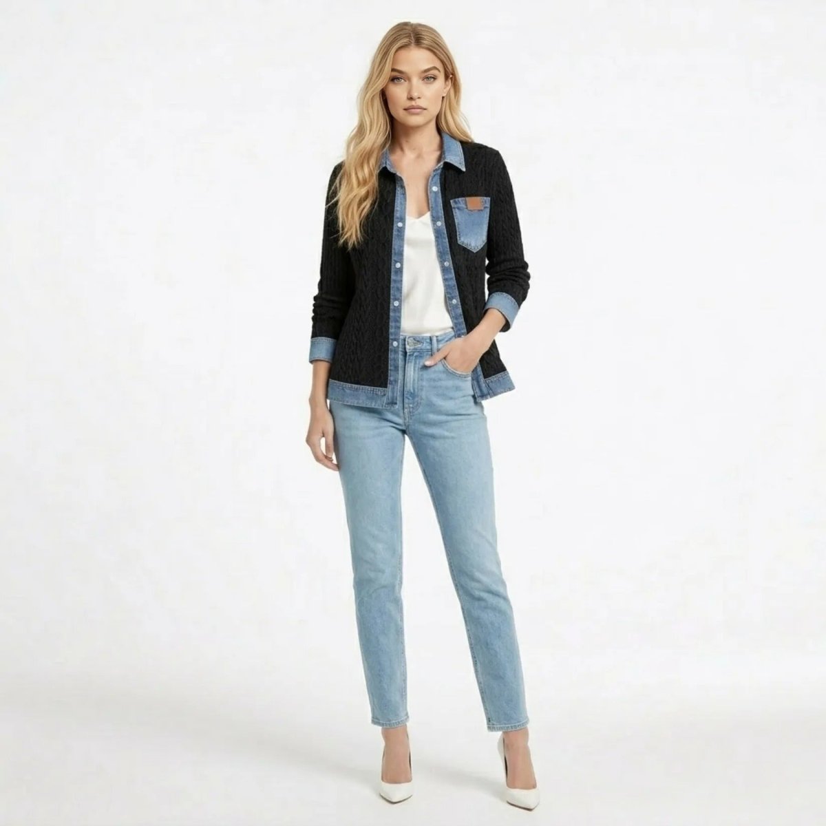 Woman wearing Kouvr black cable knit sweater with denim trim, worn open over white camisole and jeans.