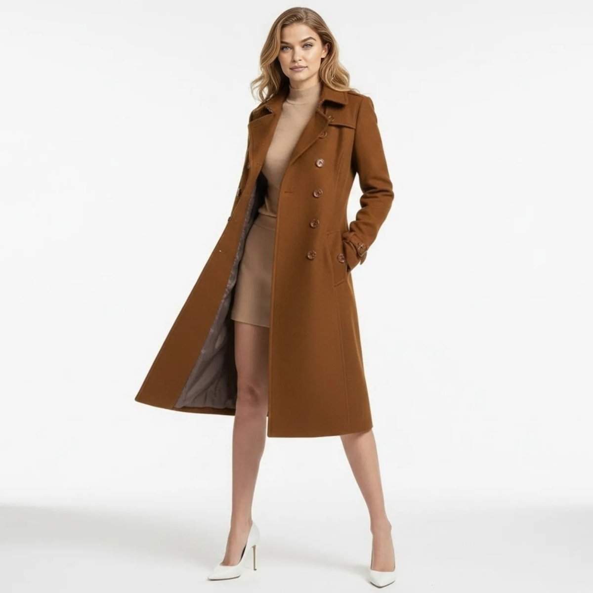 A model wearing the Kouvr classic double-breasted caramel wool trench coat open, showing the tonal lining and styled with a neutral outfit.