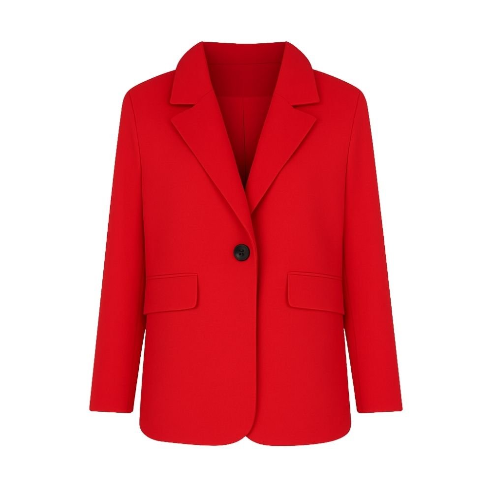business casual outfit," "tailored fit jacket," "notched lapel blazer," "how to style a red blazer," and "statement jacket for women