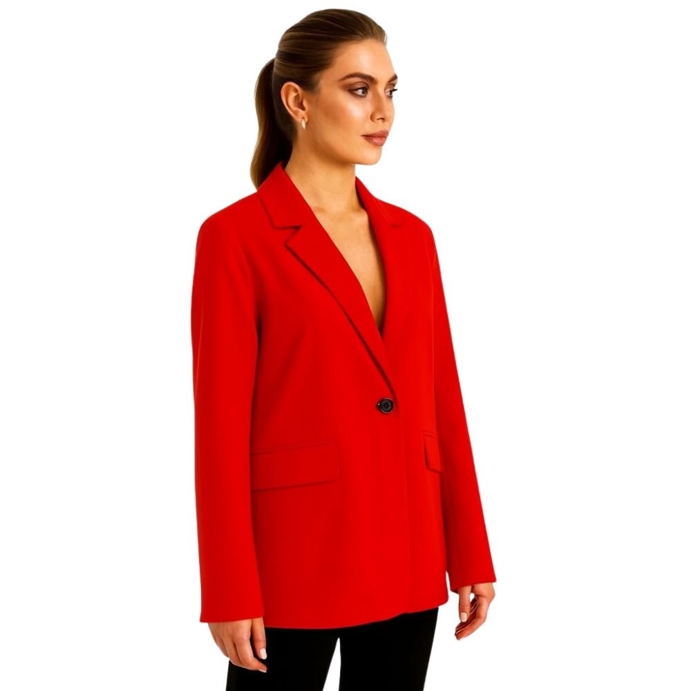 business casual outfit," "tailored fit jacket," "notched lapel blazer," "how to style a red blazer," and "statement jacket for women
