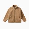 Flat lay studio shot of the front of the Kouvr Julie sherpa fleece jacket, showing the full zip, stand collar, and front patch pockets.