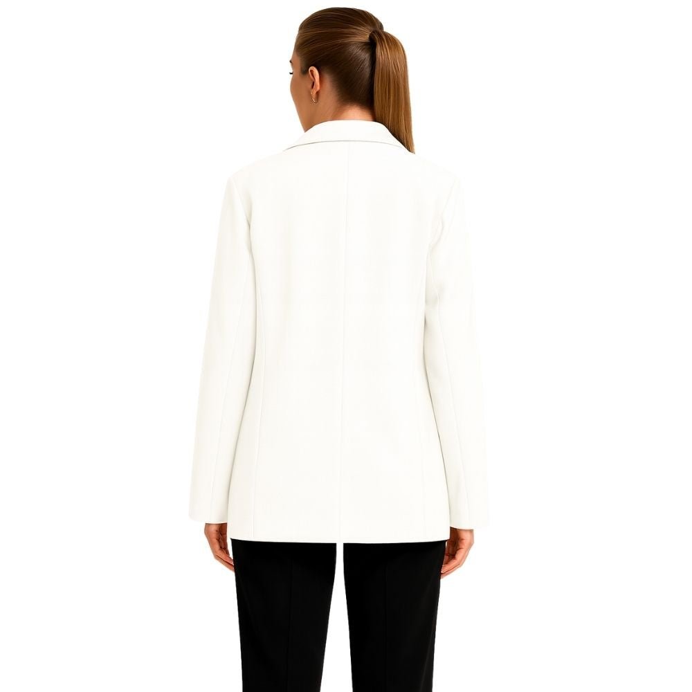 single-breasted suit jacket', 'chic workwear', 'blazer for jeans', 'notched lapel jacket', and 'modern professional style
