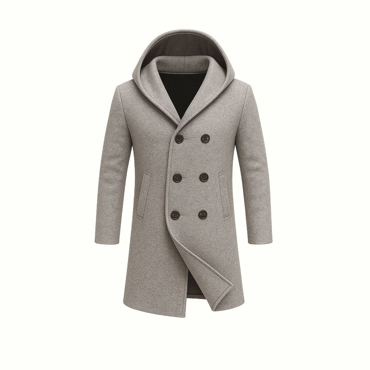 A close-up detail shot of the Kouvr Xander men's grey peacoat, focusing on the structured hood, lapel, and wool texture.