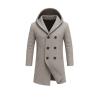 A close-up detail shot of the Kouvr Xander men's grey peacoat, focusing on the structured hood, lapel, and wool texture.