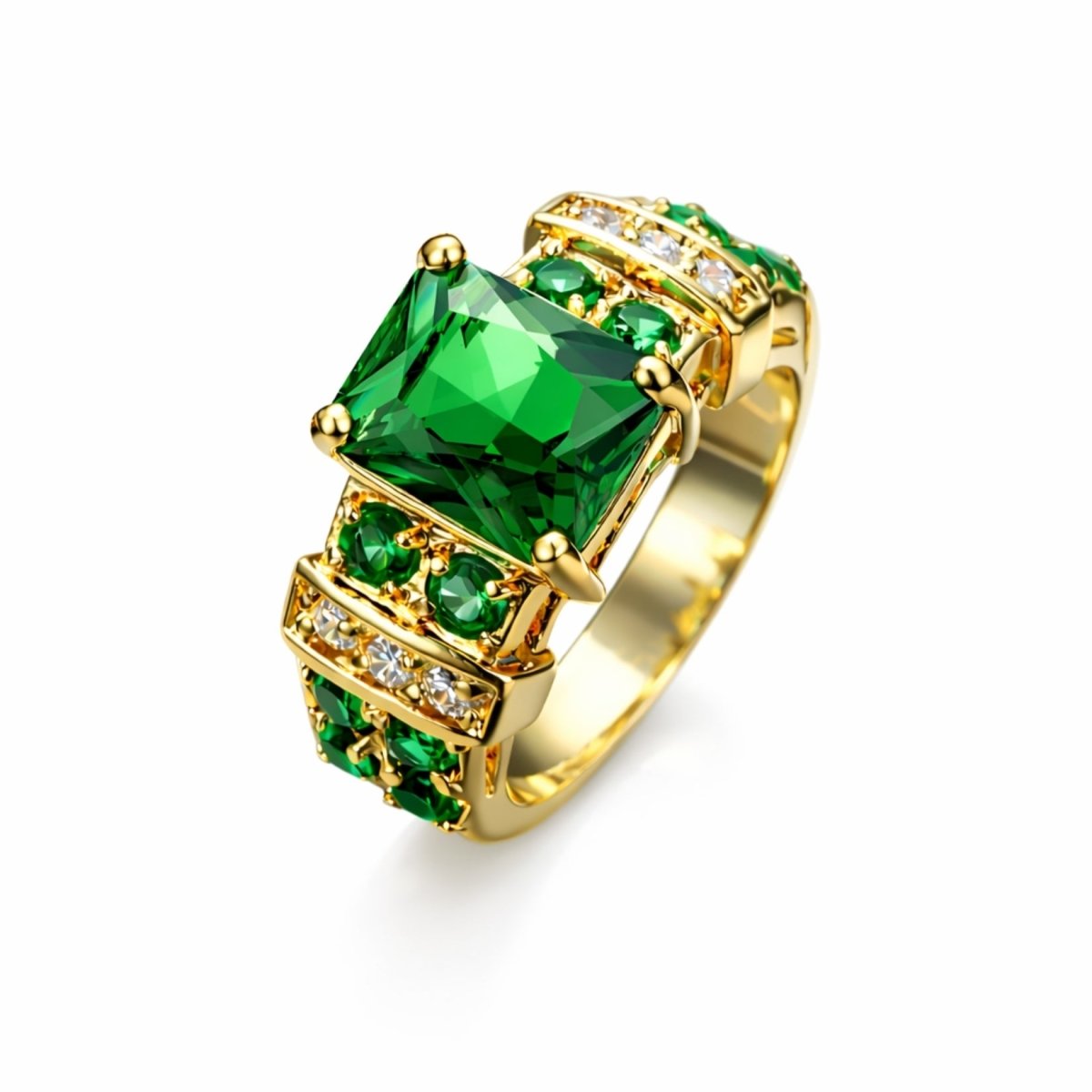 Kouvr Yara emerald green statement ring with diamond accents in 18k gold plating shown on a clean white background.