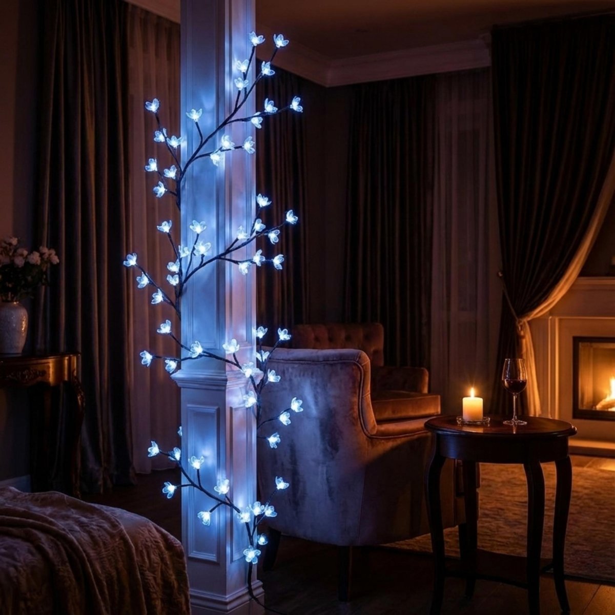 The versatile lavender botanical wall light installed vertically on a structural column in a luxury bedroom, providing ambient accent lighting.