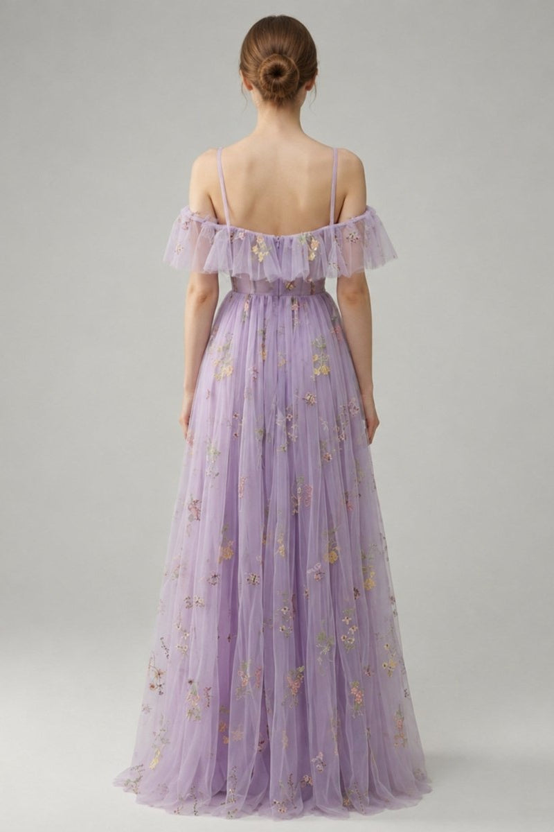 Back view of the Fenlo Form lilac ethereal fairycore evening gown showing the elegant hidden zipper and flowing sheer tulle skirt.