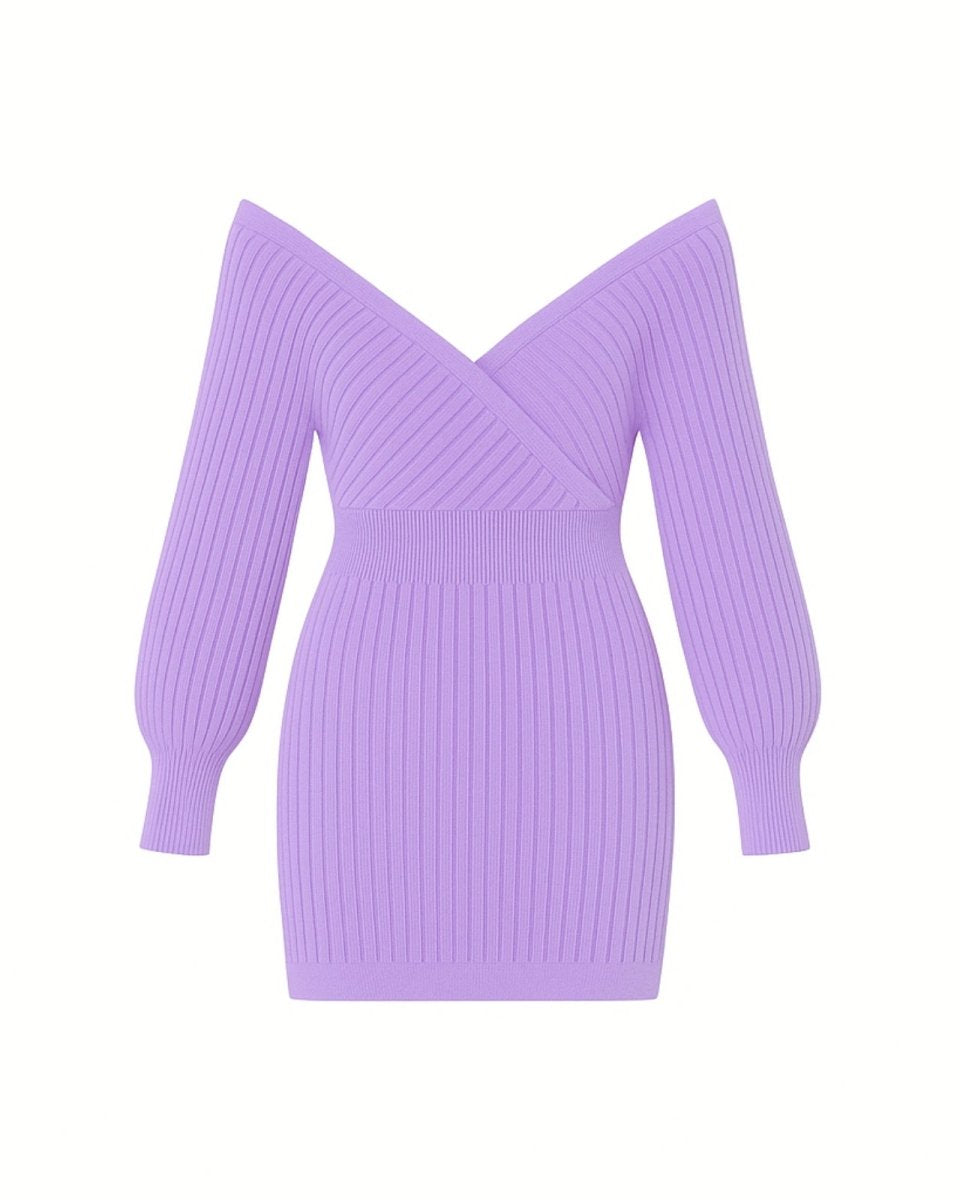Flat lay product shot of the off-the-shoulder lavender ribbed knit sweater dress, detailing the texture and surplice V-neck construction.