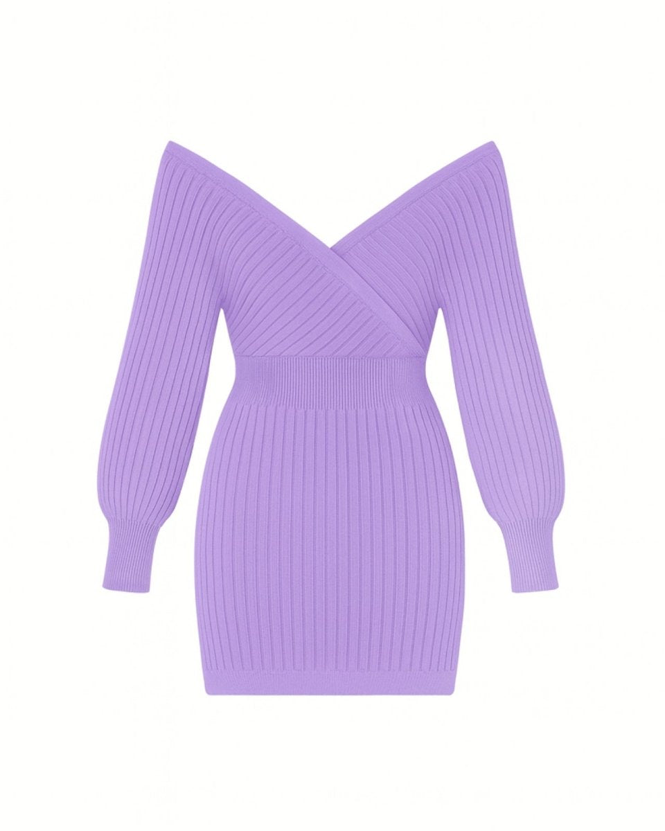 Flat lay product shot of the off-the-shoulder lavender ribbed knit sweater dress, detailing the texture and surplice V-neck construction.