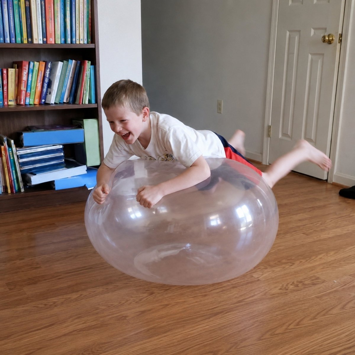 A young boy lying on top of a giant clear bubble ball indoors, demonstrating the super durable, pop-resistant material.