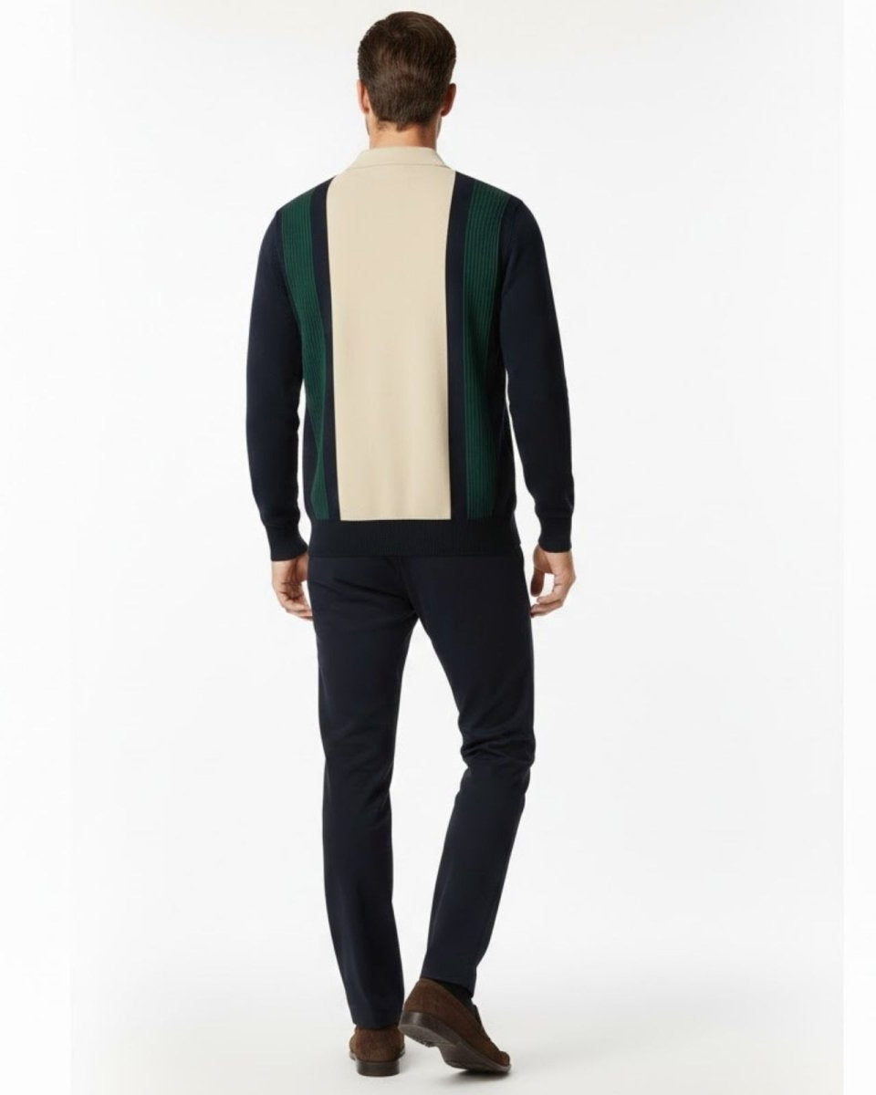 Back view of the Leandro men's polo sweater highlighting the continuous colorblock design.