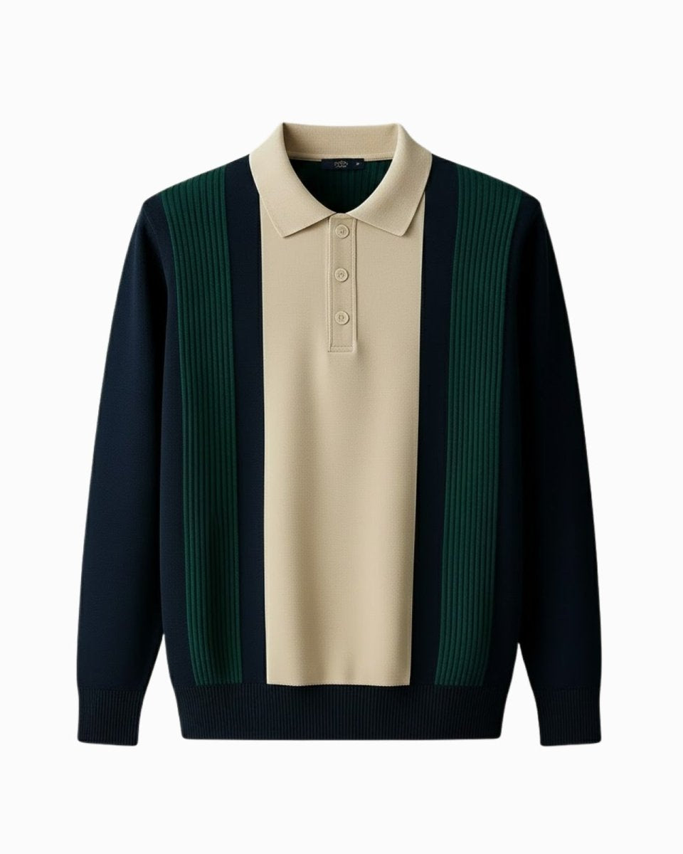 Flat lay of the Leandro colorblock polo sweater showing the texture of the ribbed knit and mother-of-pearl buttons.