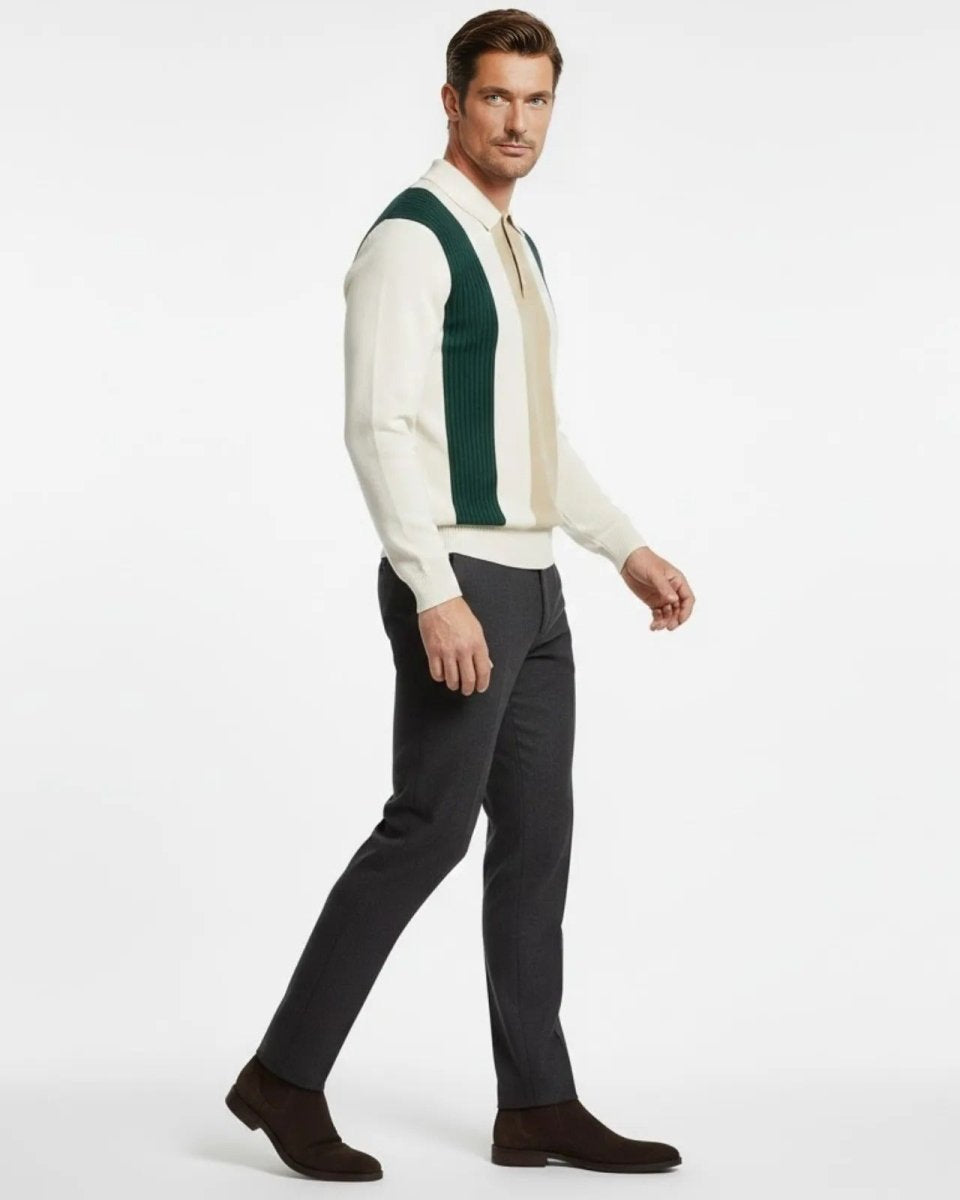 Side profile of a man walking in the Leandro vintage style long sleeve polo sweater, showing its fit and texture.
