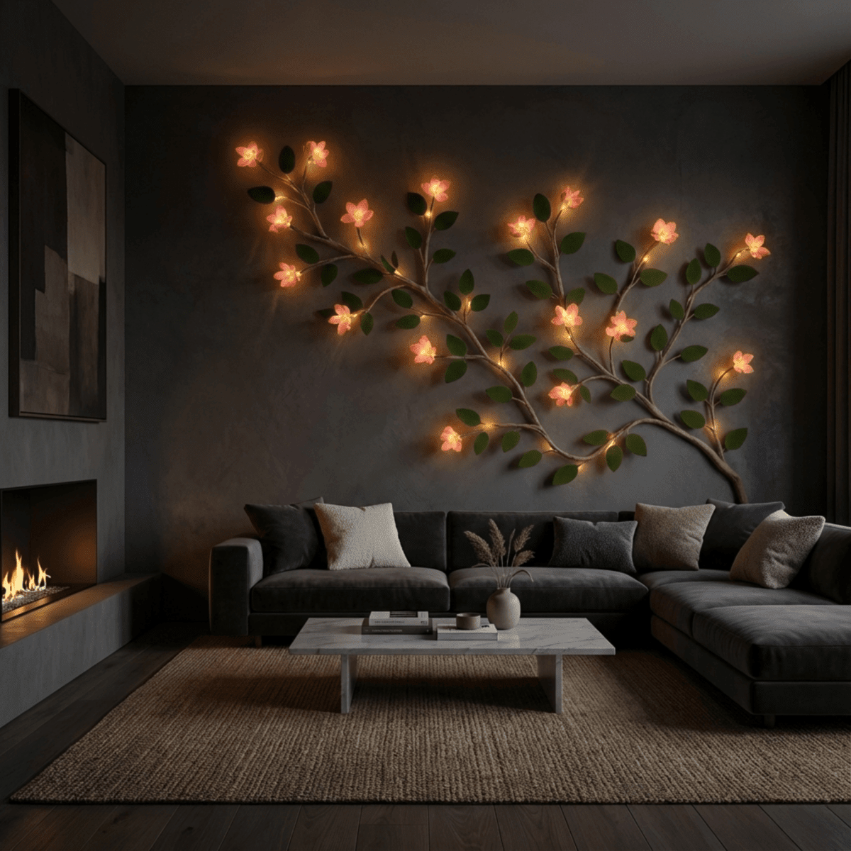 Modern living room with a dark gray sectional sofa, coffee table, and decorative wall light fixture.
