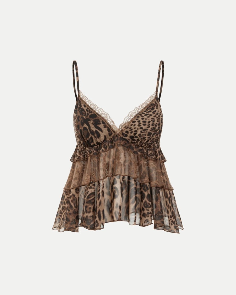 A leopard print camisole top with thin spaghetti straps, a lace-trimmed V-neckline, and a tiered ruffle hem, shown against a plain light gray background.