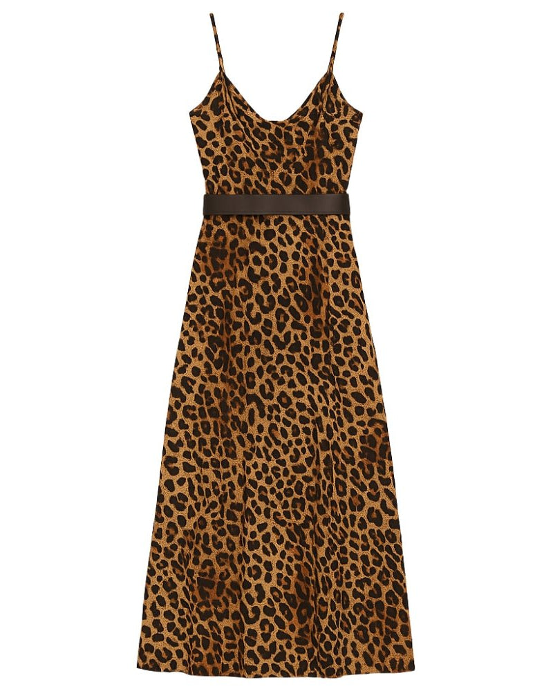 Leopard print dress with a brown belt on a white background