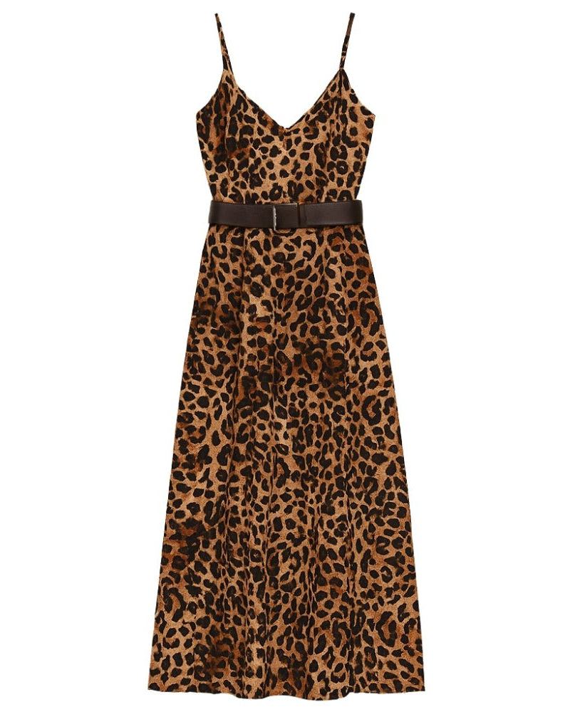 Leopard print dress with a belt on a white background