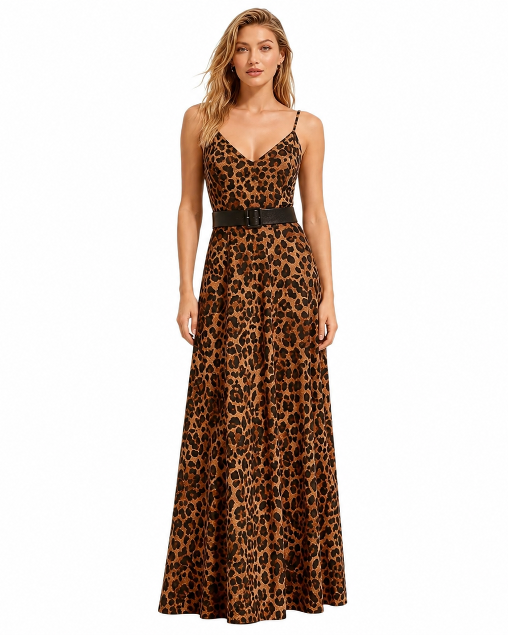 A woman modeling a leopard-print maxi dress with thin straps and a black waist belt, photographed against a plain white background.
