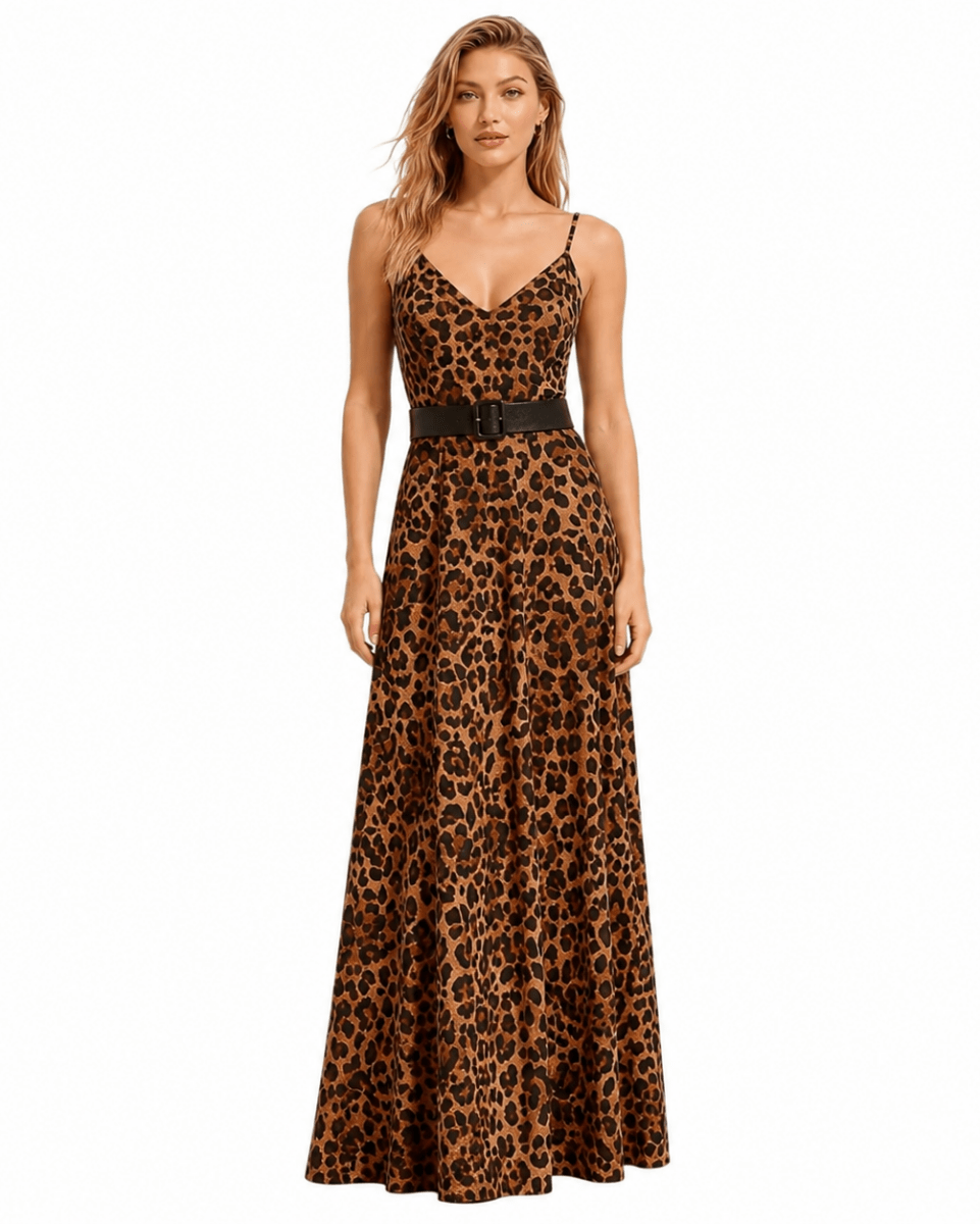A woman modeling a leopard-print maxi dress with thin straps and a black waist belt, photographed against a plain white background.