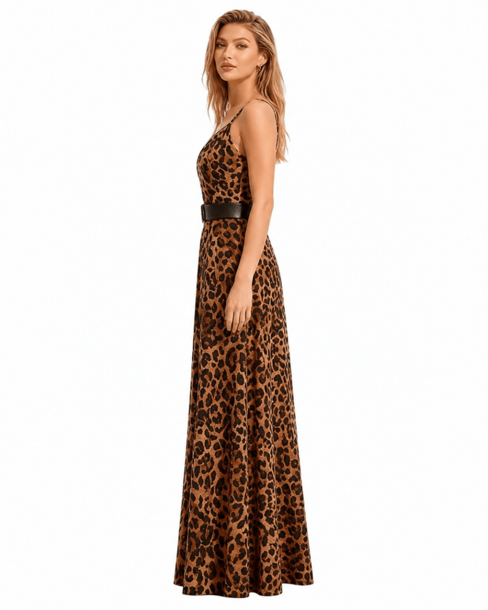 A woman modeling a floor-length leopard-print maxi dress with thin straps and a black belt at the waist, shown against a plain white background.