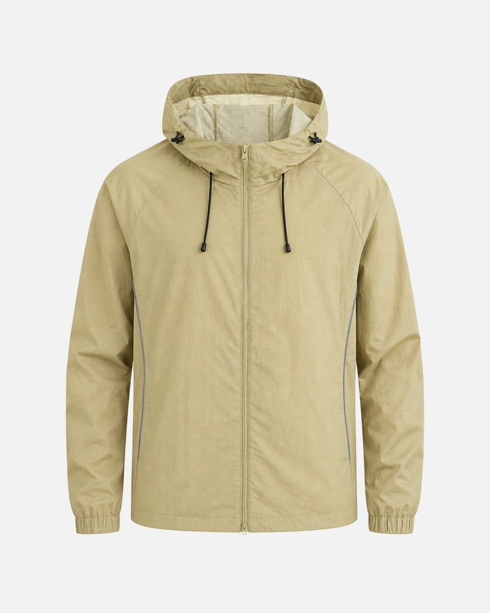 Flat lay front view of the light army green zip-up hooded windbreaker showing technical unlined fabrication.