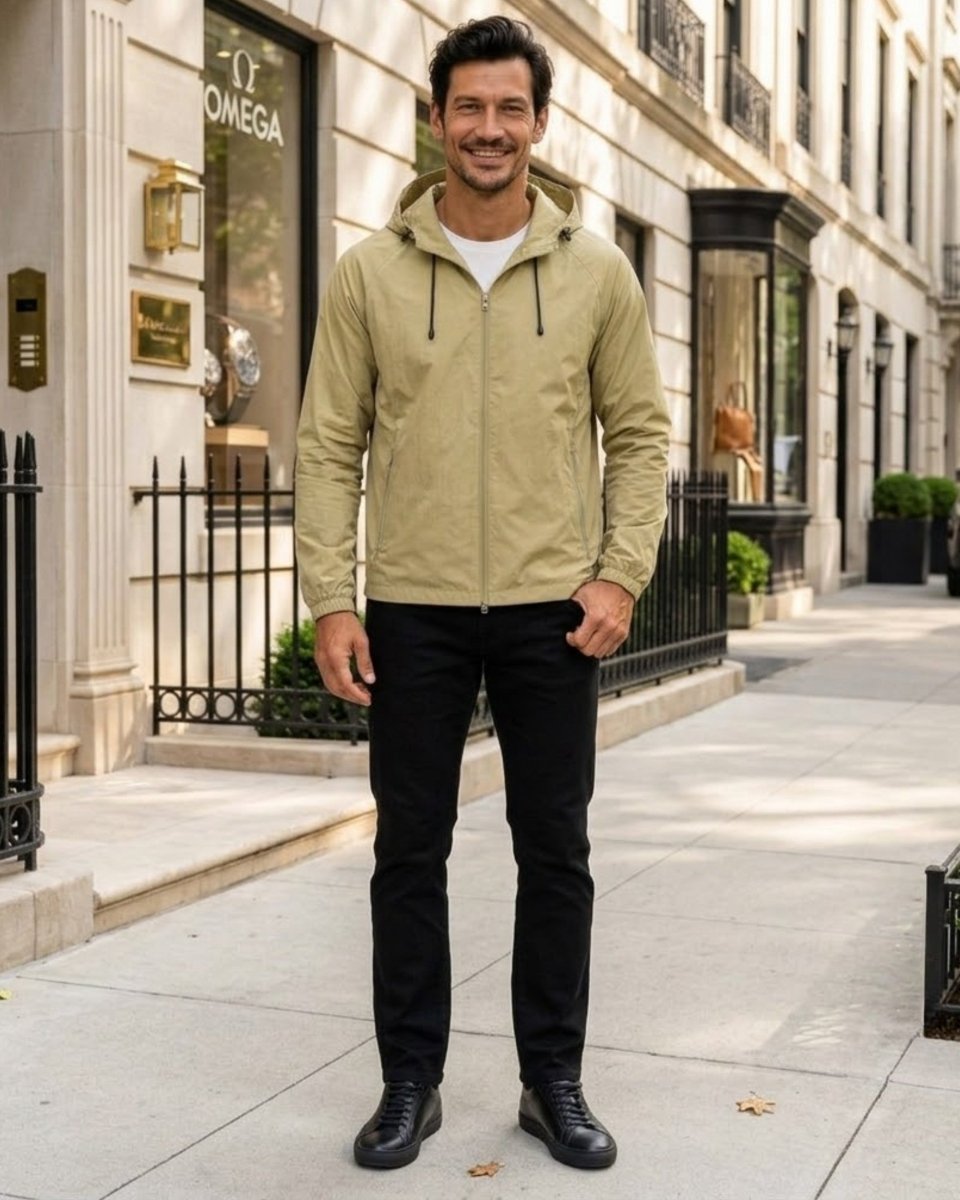 A man stands on a city sidewalk wearing a light khaki zip-up hooded jacket over a white shirt, black pants, and black shoes. Storefronts and a building facade are visible in the background.