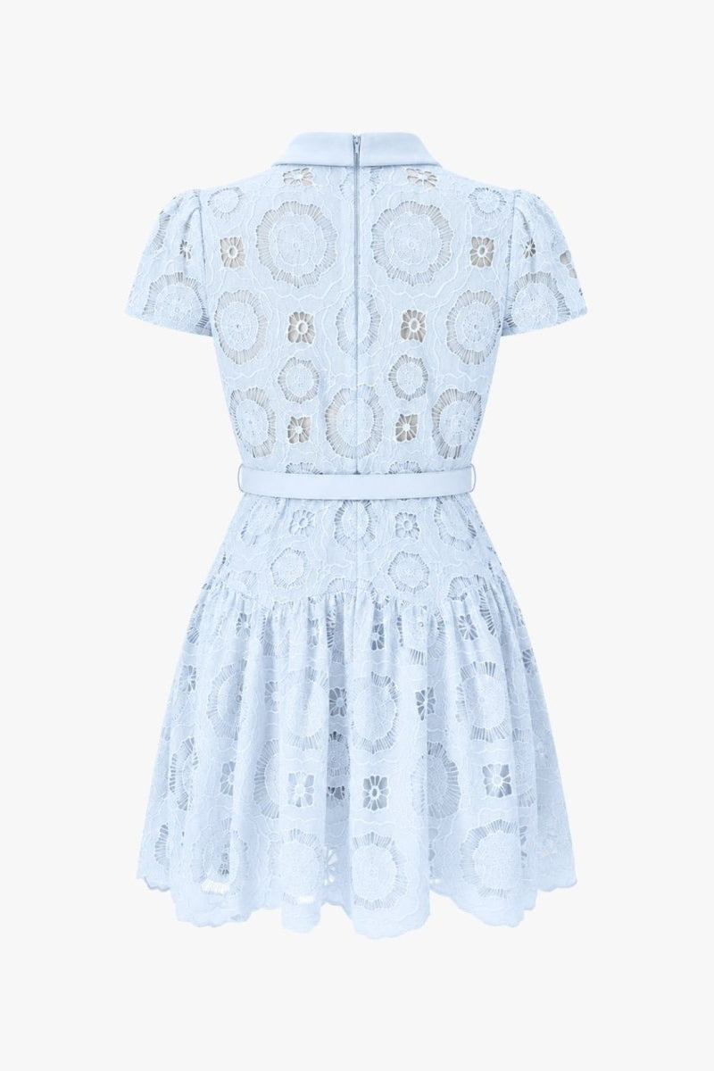 Studio back shot of Fenlo Form blue lace collared dress showing high quality lining and elegant scalloped trim.