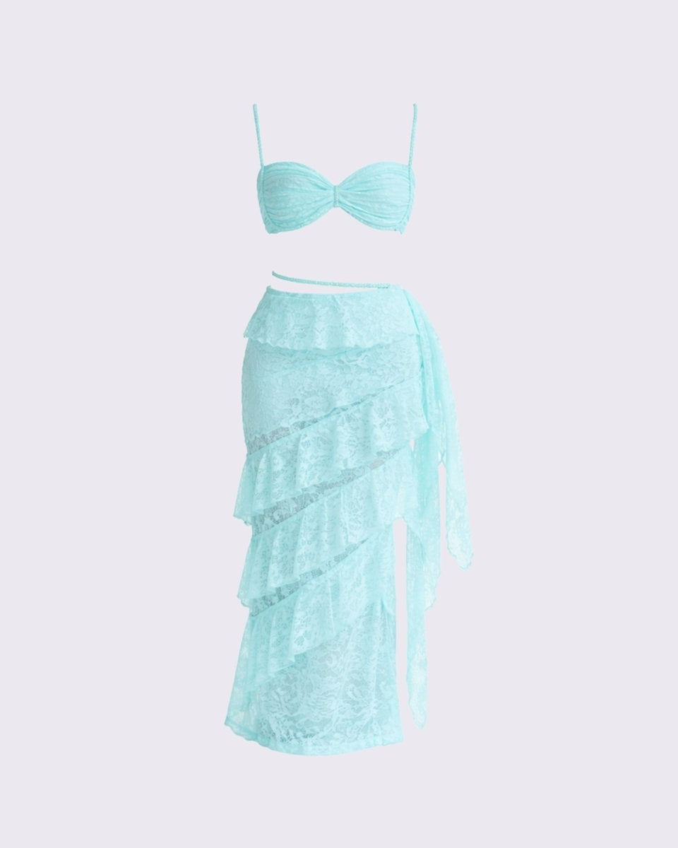 Product view of light blue floral lace two-piece matching set with sweetheart bralette and cascading tiered ruffle maxi skirt against a white background.