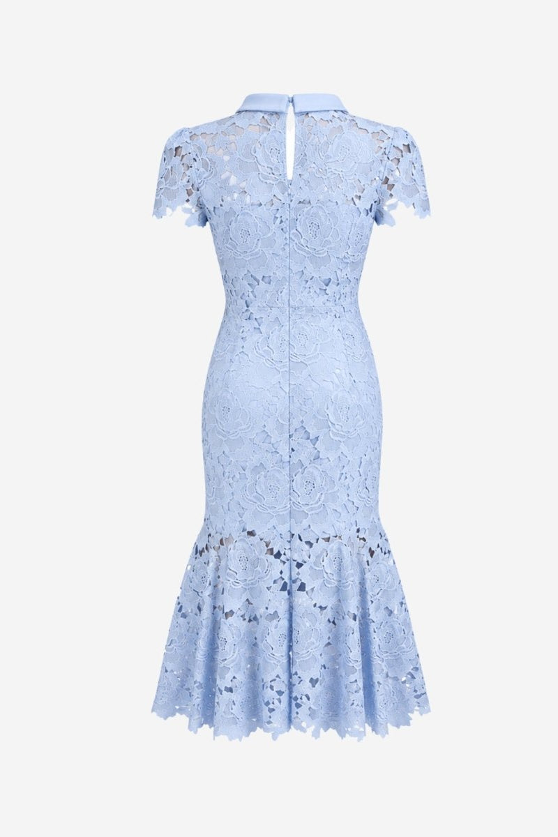 Studio flat lay image showing the hidden back zipper and keyhole closure of the light blue lace midi dress.