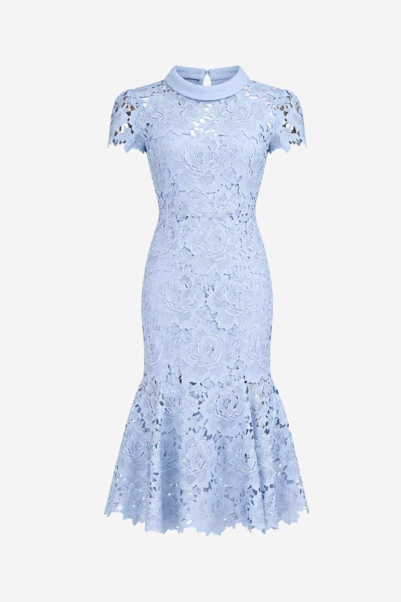 Studio flat lay image of light blue high neck floral lace midi dress on white background.