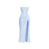 Front view of the light blue strapless ruched maxi dress with slit on a ghost mannequin showcasing the draping details.