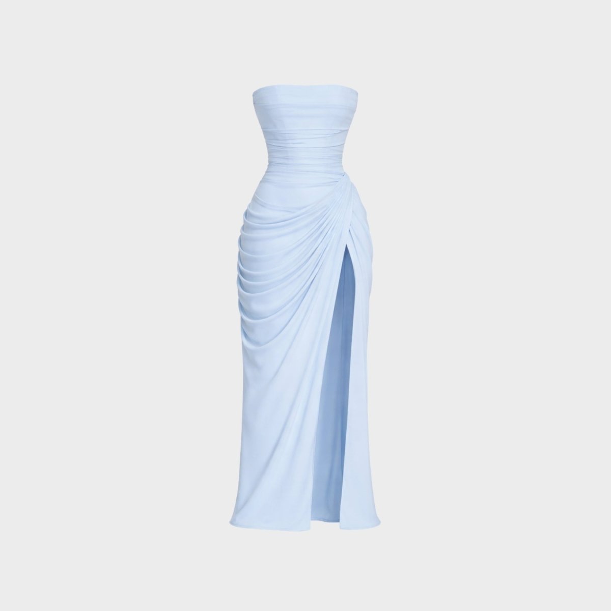 Front view of the light blue strapless ruched maxi dress with slit on a ghost mannequin showcasing the draping details.