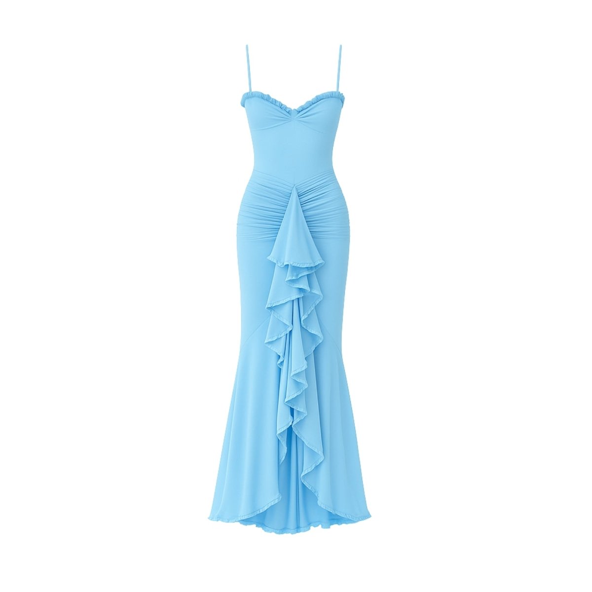 Light blue kouvr evening gown with ruffled skirt on a white background