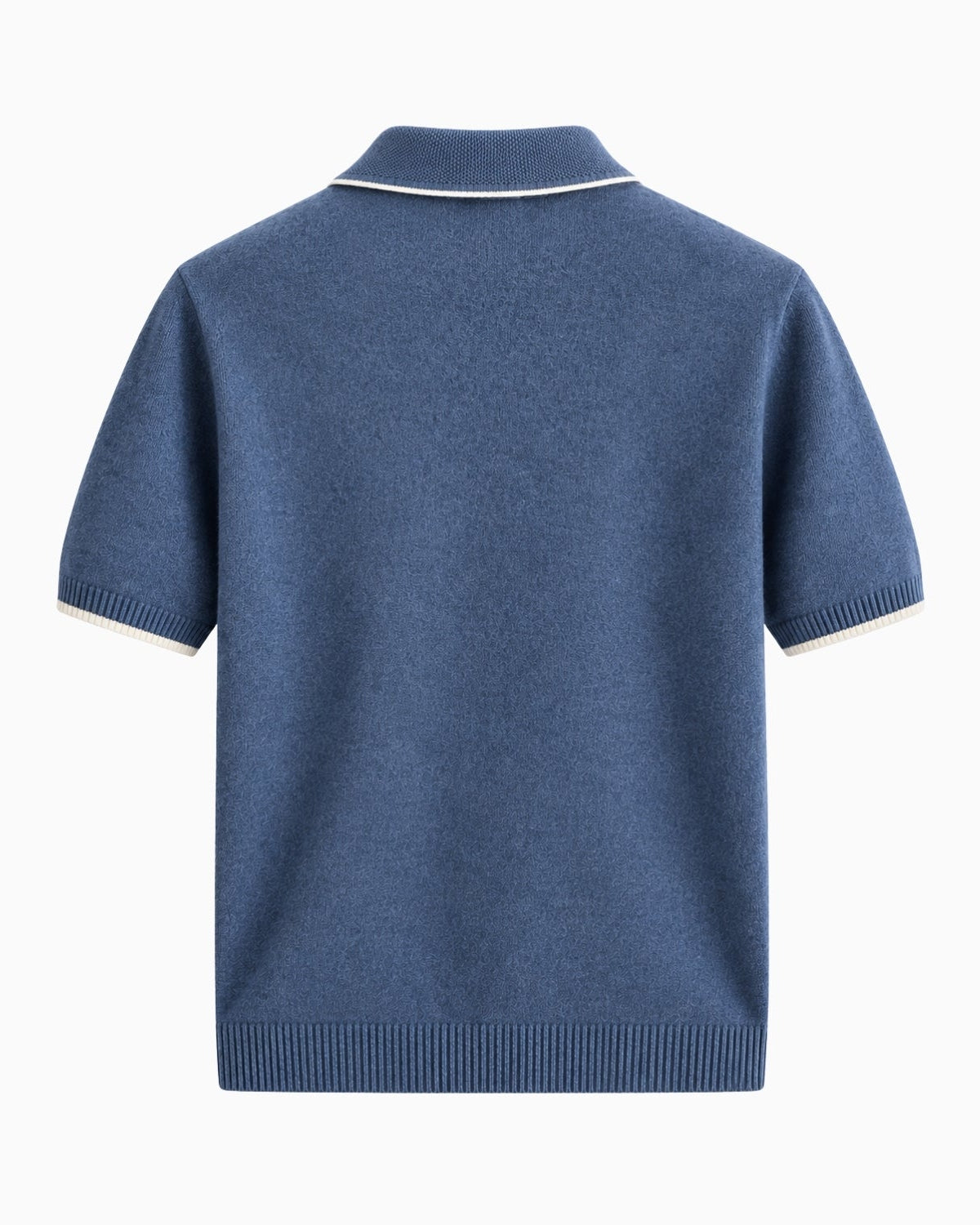 A blue short-sleeve knit polo shirt shown from the back, featuring white contrast piping along the collar and sleeve cuffs, set against a plain white background.