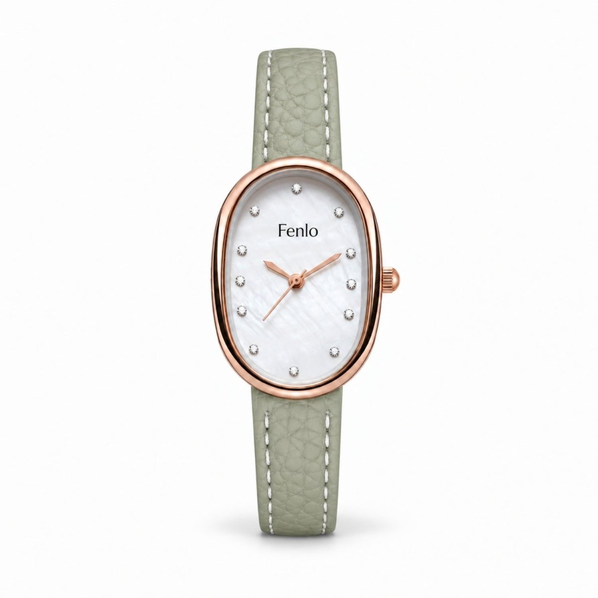 Fenlo women's watch featuring an oval mother-of-pearl dial, rose gold case, and a light sage green textured leather strap, shown against a plain white background.