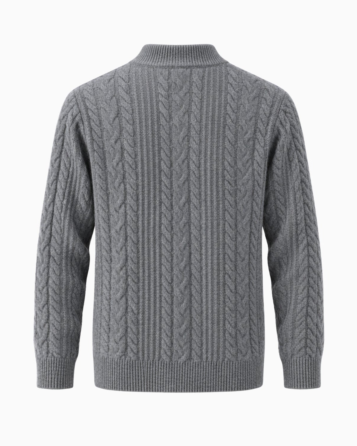 A gray cable-knit sweater shown from the back, featuring vertical and horizontal cable patterns with ribbed collar, cuffs, and hem, set against a plain white background.