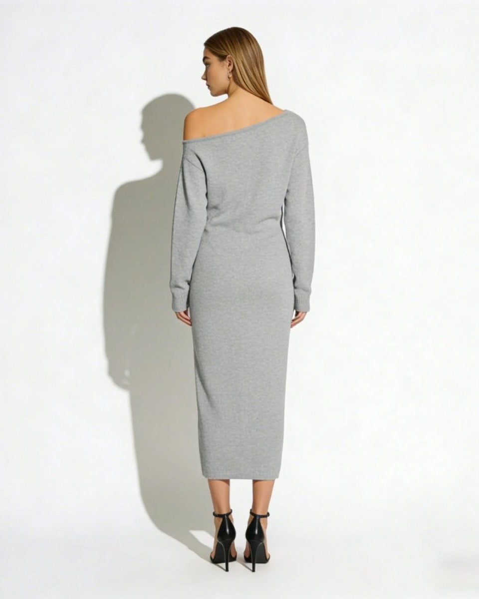 Back view of the Selena one-shoulder knit midi dress in heather light grey