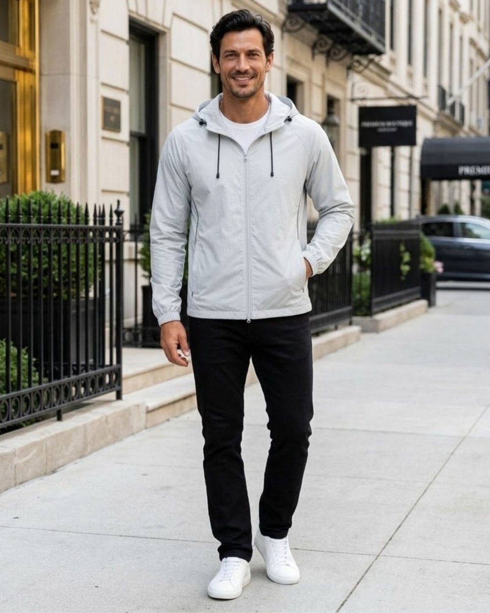 A man walking on a city sidewalk wearing a light gray zip-up hooded jacket, black pants, and white sneakers.