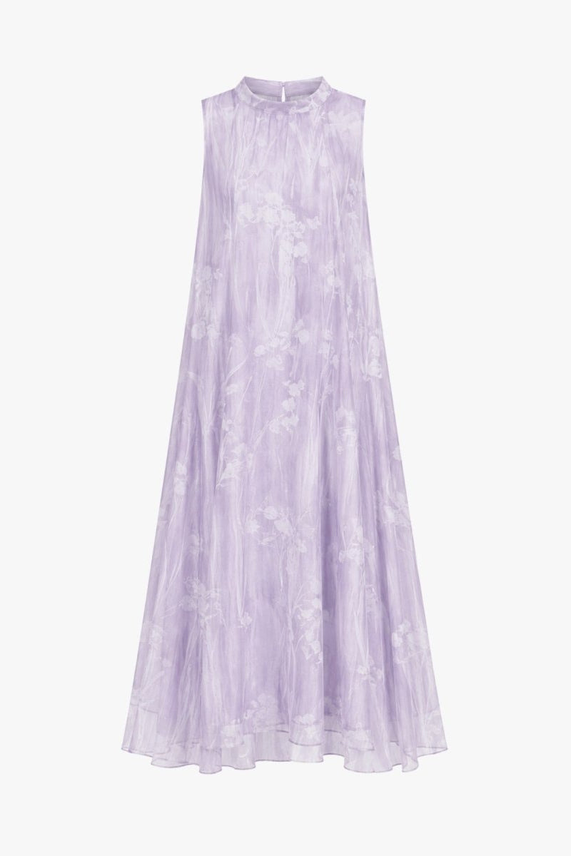 Front studio view of a lilac chiffon floral high neck sweeping long dress