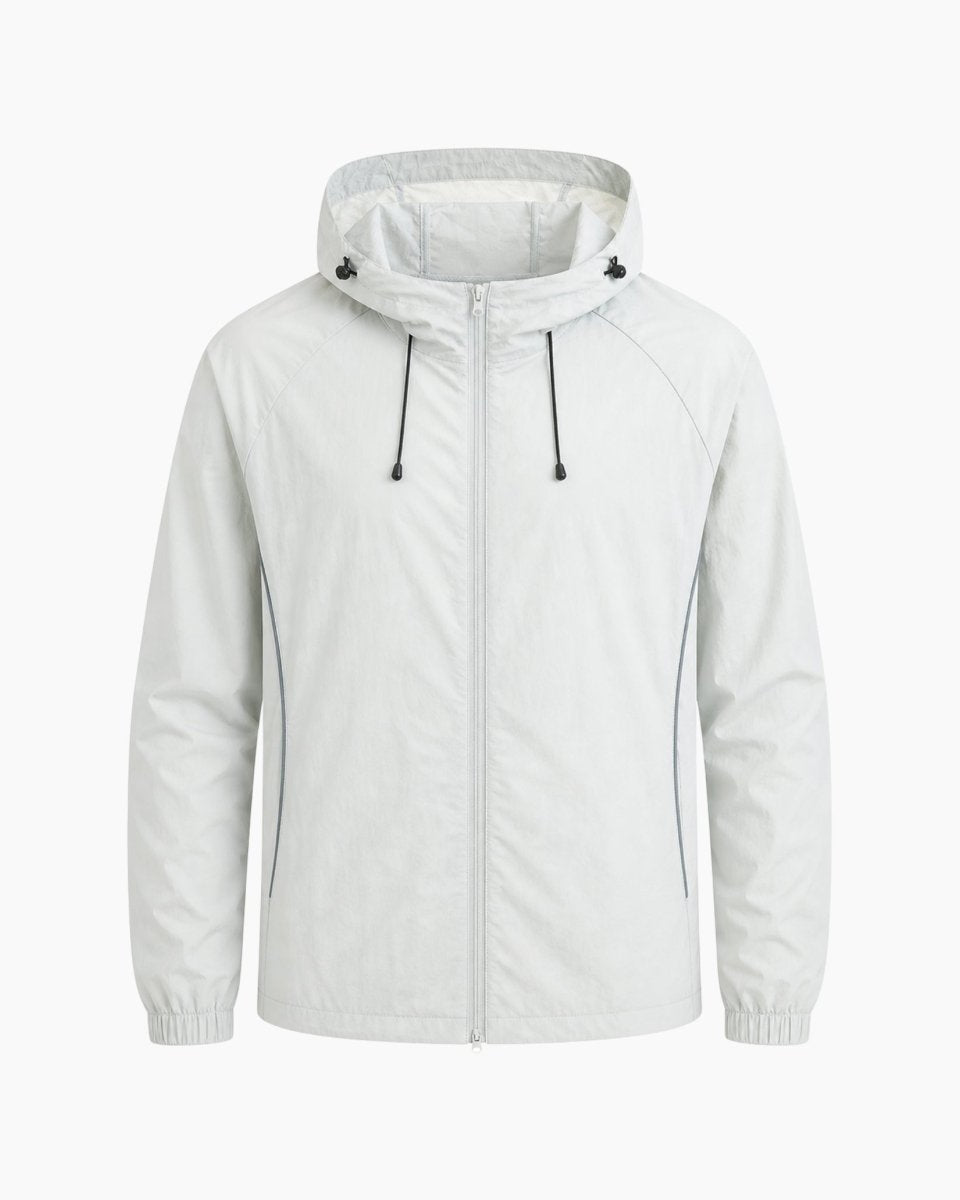 Flat lay front view of a minimalist light grey zip-up windbreaker jacket with high-contrast black toggles and elastic cuffs.