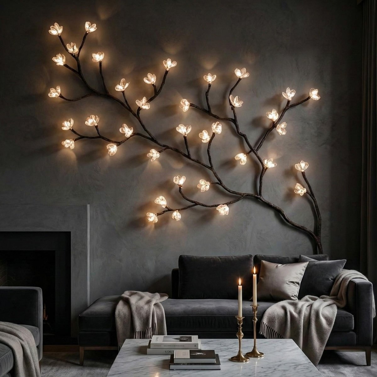 A decorative wall-mounted branch sculpture with glowing flower-like lights, displayed above a dark gray sofa in a modern living room setting.