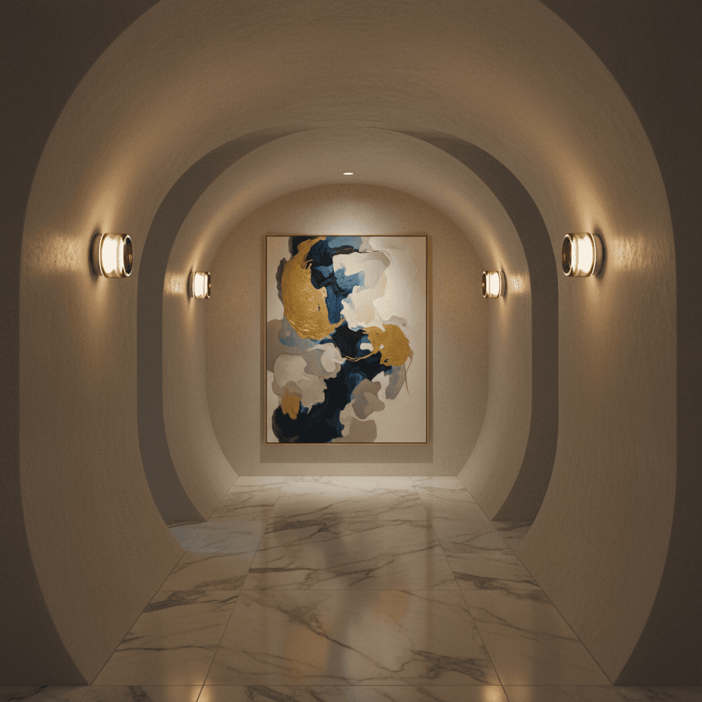 Symmetrical modern glass wall sconces illuminating a luxury arched hallway leading to an abstract painting.
