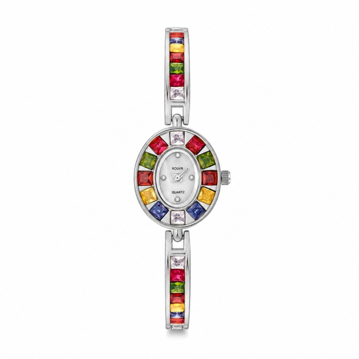 Full vertical product shot of Kouvr womens quartz watch showing the complete adjustable multicolor crystal stainless steel bracelet