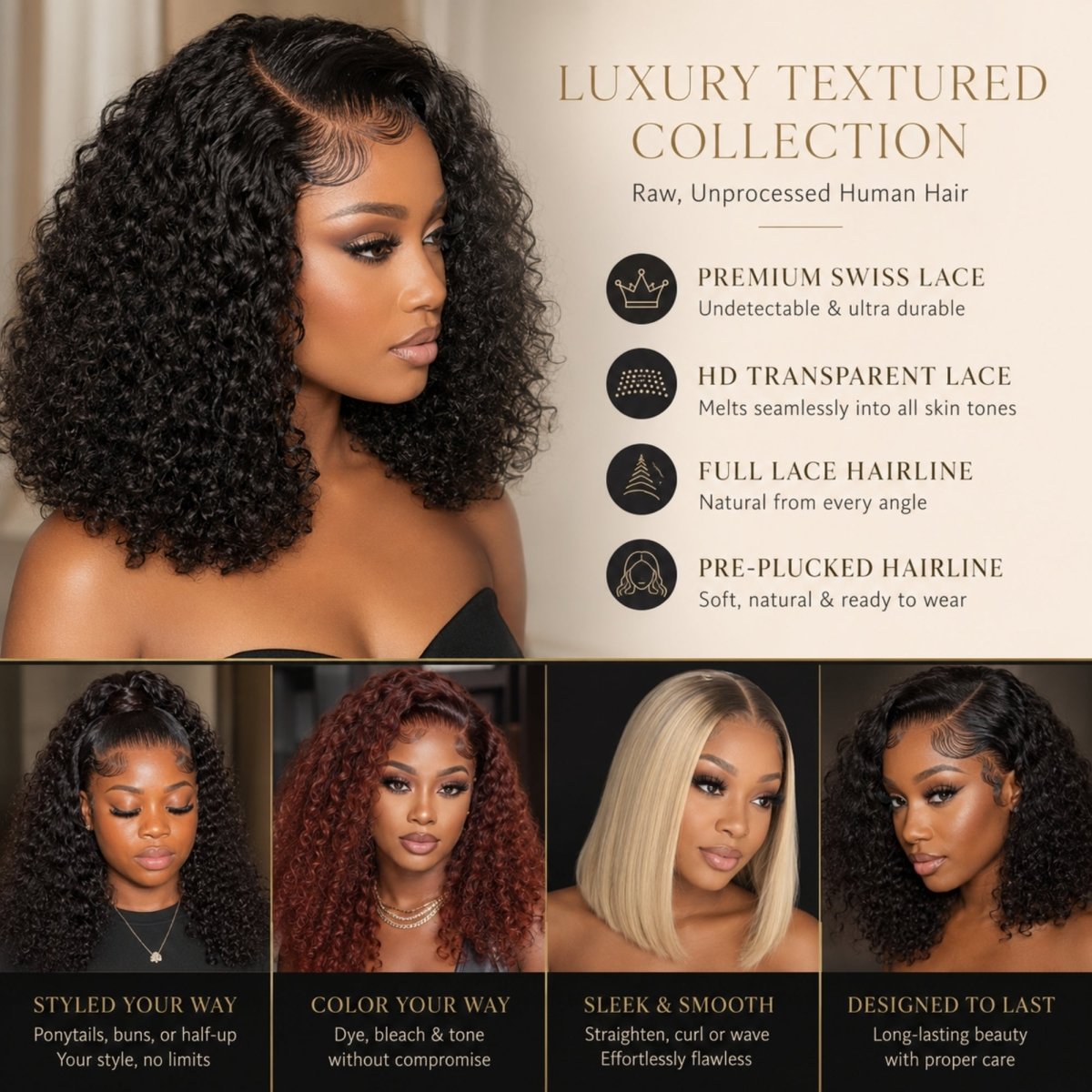 Styling versatility chart showing the human hair wig straightened, dyed, styled in a half-up ponytail, and in its natural kinky curly state.